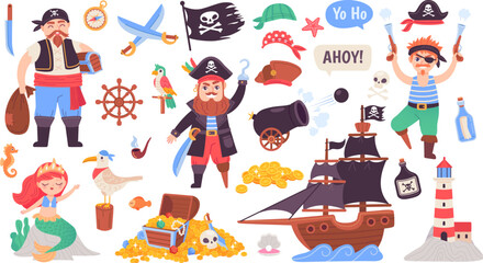 Pirate adventure collection. Doodle pirates cute sticker, marine set kid piracy ship decor child piratin theme, sea treasure mermaid ocean sailing, ingenious vector illustration - obrazy, fototapety, plakaty
