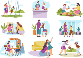 Mother and daughter time. Relaxed mom with teen child daily activity or spending weekend, supermarket shopping mommy helping cooking painting planting, recent vector illustration