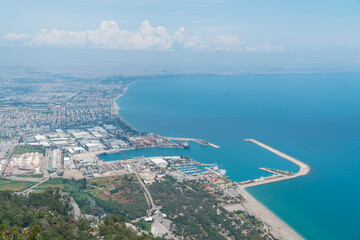 Landscape view of the city of Antalya, sea, from the mountain, Türkiye 