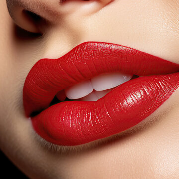Sexy Red Lips close up. Beautiful Perfect Makeup with white teeth. Beautiful red Lip Gloss. Cosmetic.mouth open, big lips. Cosmetic beauty procedures, generative ai
