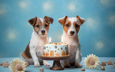 Two cute happy puppy dogs with a birthday cake celebrating at a birthday party. created with Generative AI technology