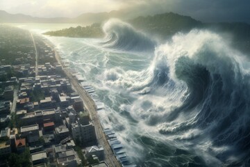A wave of destructive tsunami is moving towards the city. Climate change concept. AI generated, human enhanced