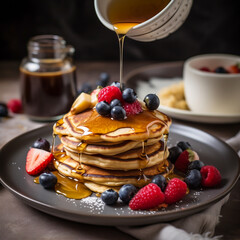 pancakes with blue and red berries and honey