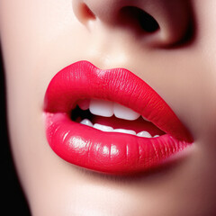 Obraz premium Close up of woman's natural lips with bright fashion pink glossy makeup. Macro photography of beautiful female mouth. generative ai
