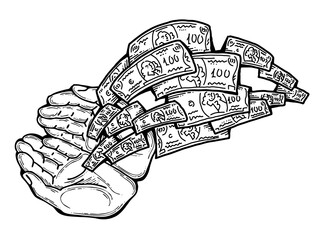 Big dollars banknotes money in your hands. Finance business, commerce, payment economy  theme for poster print, design elements. Take or give loan. Hand drawn illustration. Cartoon style drawing.