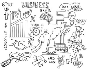 Business doodle design sketch template set: infographics elements, vector shapes. It include lots of icons of graphs, stats, devices, chart, concepts, strategy. Vector hand drawn illustration