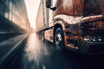 truck is driving on road. Concept of logistics and management of transportation and delivery of commercial business cargo. Generative AI illustration