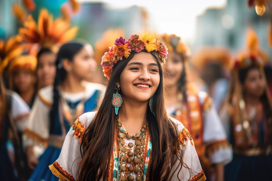 A woman with a flower crown smiles at the camera. Generative AI. Fiesta de la Tirana in Tarapaca, Chile.