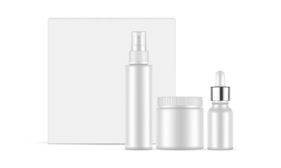 Cosmetic Packaging Mockup: Jar, Dropper and Spray Bottle, Paper Box. Vector illustration