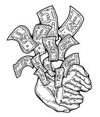 Big dollars banknotes money in your hands. Finance business, commerce, payment economy  theme for poster print, design elements. Take or give loan. Hand drawn illustration. Cartoon style drawing.