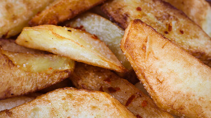 fried potatoes and chili flakes with salt on them, close-up