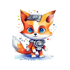 A watercolor painting of a fox wearing a helmet. Generative AI.