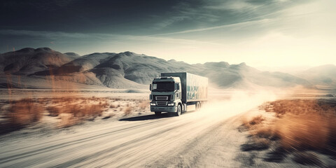 Fototapeta premium cargo truck delivers delivery on highway. Generative AI illustration