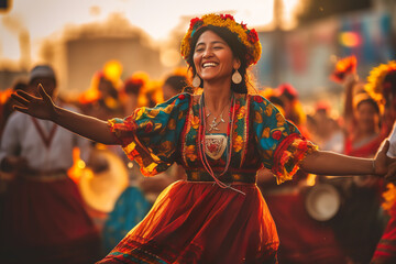 A woman in a colorful dress is dancing. Generative AI. Fiesta de la Tirana in Tarapaca, Chile. - obrazy, fototapety, plakaty