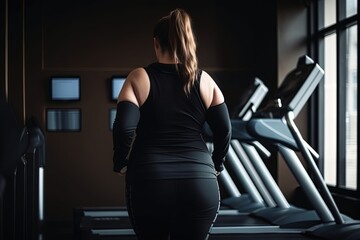 Fototapeta na wymiar Back view of young woman in sportswear running on treadmill in gym. Training. Losing weight. Generative AI.