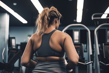 Fototapeta na wymiar Back view of fat sportswoman exercising in modern gym. Banner template. Generative AI.