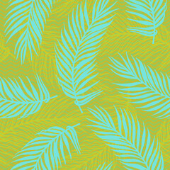 Fototapeta na wymiar Repeat exotic palm leaves vector pattern. Floral design over waves texture