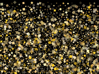 Stylish gold confetti sequins sparkles falling on black. VIP holiday vector sequins background. Gold foil confetti party pieces space. Many particles party background.