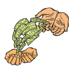 Big dollars banknotes money in your hands. Finance business, commerce, payment economy  theme for poster print, design elements. Take or give loan. Hand drawn illustration. Cartoon style drawing.