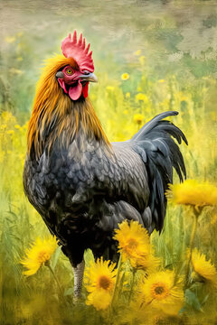 rooster in the grass. Generative AI image.