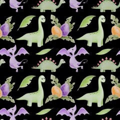 Kids pattern with dinosaurs watercolor 