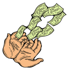 Big dollars banknotes money in your hands. Finance business, commerce, payment economy  theme for poster print, design elements. Take or give loan. Hand drawn illustration. Cartoon style drawing.
