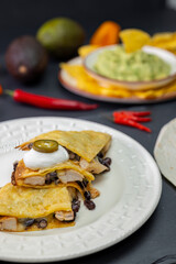quesadilla with chicken meat and beans and guacamole with nachos