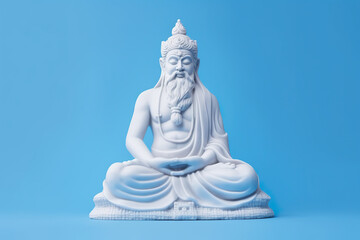A white buddha statue sitting on a blue surface. Generative AI.