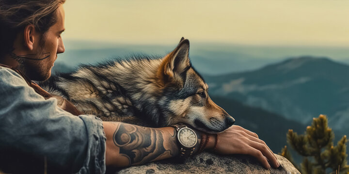 A lonely man with a wolf on a rock in the mountains. a tattooed man is resting with a wolf. digital ai art
