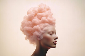 Female head in pink cloud. Imagination concept. AI generated image.