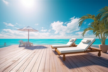 Obraz na płótnie Canvas Idyllic beachfront retreat, where a sun-lounger beckons to witness the mesmerizing ocean panorama. Generative AI