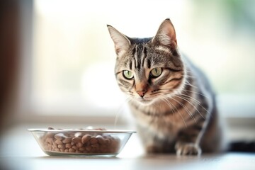 Fototapeta premium Cute fluffy cat eats pet food from bowl. The kitten is not eating. Healthy food for pets. Dietary balanced food. Modern interior, white kitchen. No people. Place for text, сopy space. Ai Generative