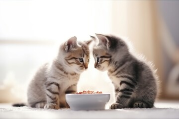 Two cute fluffy cats eats pet food from bowl. Kitten is not eating. Healthy food for pets. Dietary...