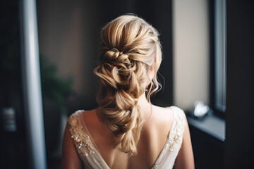 A Blonde Bride Stands With Her Back, Wedding Hairstyle for European Women: AI Generated Image - obrazy, fototapety, plakaty