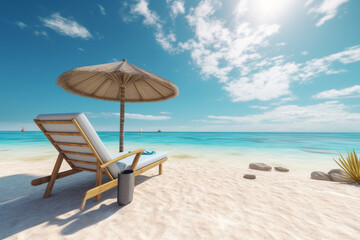 Fototapeta na wymiar Tranquil beach hideaway with a sun-lounger poised Generative AI