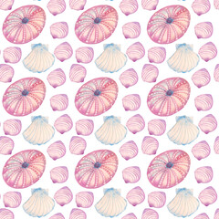 Watercolor set of sammer shell. Hand drawn pattern pink blue Shells on a white background. Use for banners posters texctiles cover wrapping paper