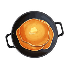 Pancake top view with butter in frying pan, wok in cartoon style isolated on white background. Circle dessert, breakfast. 
