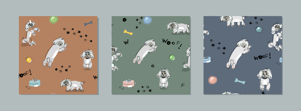 Set of fun seamless patterns with dog 