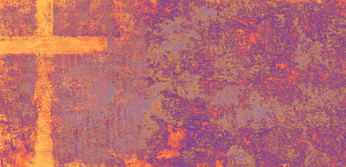 yellow orange cross on multicolored textural paint background off-center with copy space