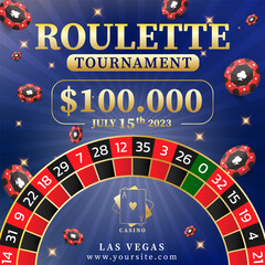 Casino tournament, roulette and chips banner. Can be used as a flyer, poster or advertisement. Vector illustration on a blue background.