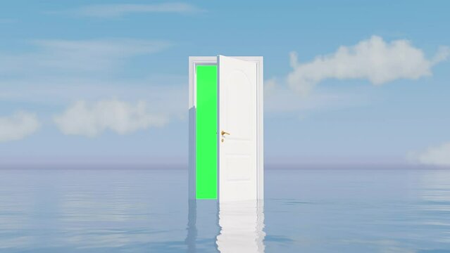 Door to Other Worlds on the Sea. 3d Rendering Concept of a Abstract Portal to Other realms Greenscreen chromakey for background add or remove