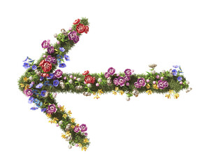 Flower Arrow Left. Vintage garden floral and plants font serif Isolated on transparent background. 3D render