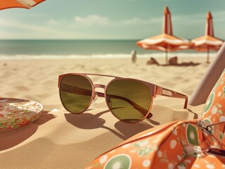 Sunglasses and sunscreens lying in the sand against the backdrop of the sea, with a beach umbrella behind them.