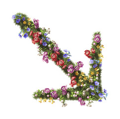 Flower Arrow Right Bottom. Vintage garden floral and plants font serif Isolated on transparent background. 3D render