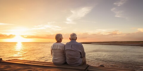 Happy seniors enjoying their golden years of retirement with a beach sunset