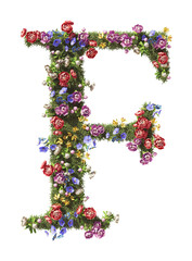 Flower Letter F. Vintage garden floral and plants font serif Isolated on transparent background. 3D render