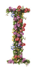 Flower Letter I. Vintage garden floral and plants font serif Isolated on transparent background. 3D render