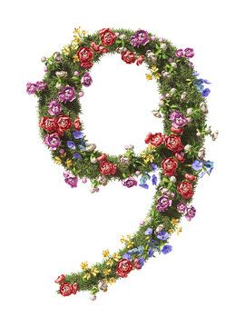 Flower Number 9, Nine. Vintage garden floral and plants font serif Isolated on transparent background. 3D render