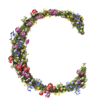 Flower Letter C. Vintage garden floral and plants font serif Isolated on transparent background. 3D render
