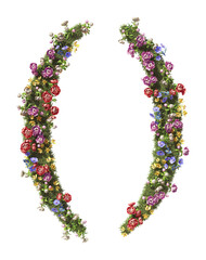 Flower Symbols Left and Right Parenthesis. Vintage garden floral and plants font serif Isolated on transparent background. 3D render